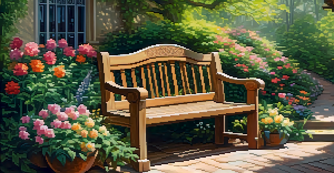 A carved wooden bench in a vibrant garden with flowers and greenery, illuminated by sunlight.