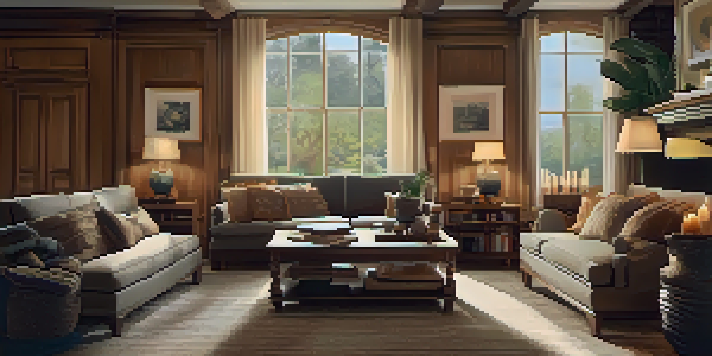 A cozy living room with a carved wooden coffee table, decorative books, and candles, illuminated by soft lighting.