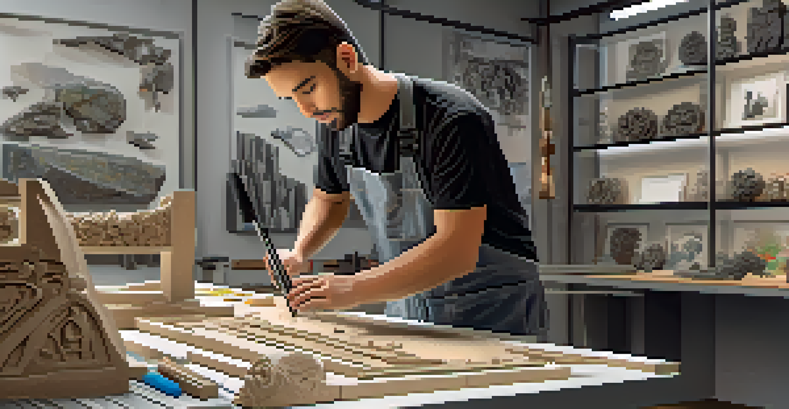 A modern stone carving studio with traditional tools and digital machines, showcasing an artist at work.