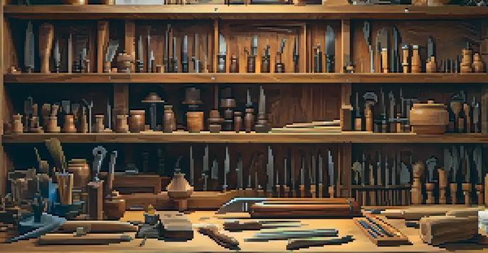 A well-organized furniture restoration workspace with an array of carving tools, chisels, and a carving knife on a table, illuminated by warm light.