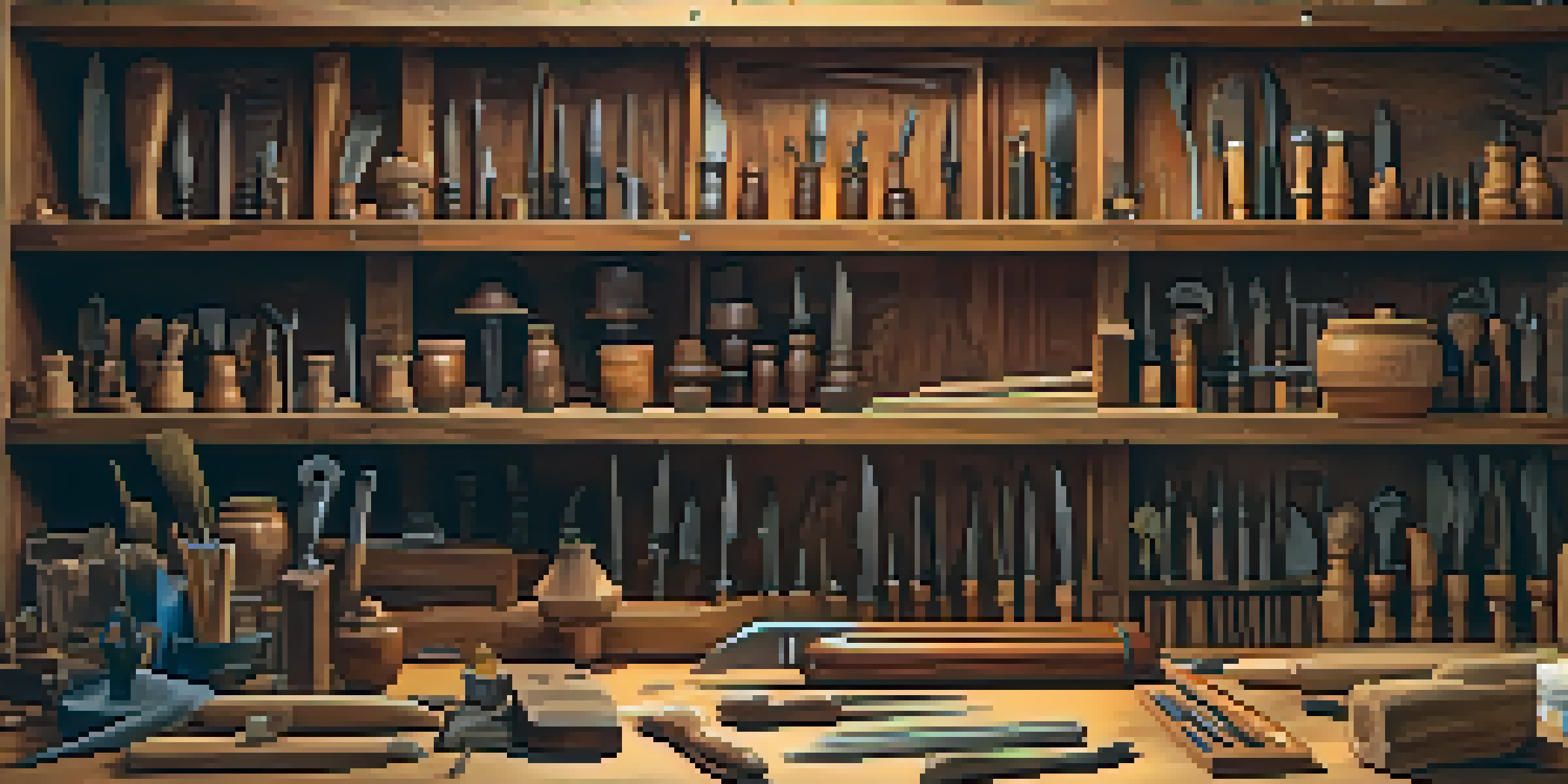 A well-organized furniture restoration workspace with an array of carving tools, chisels, and a carving knife on a table, illuminated by warm light.