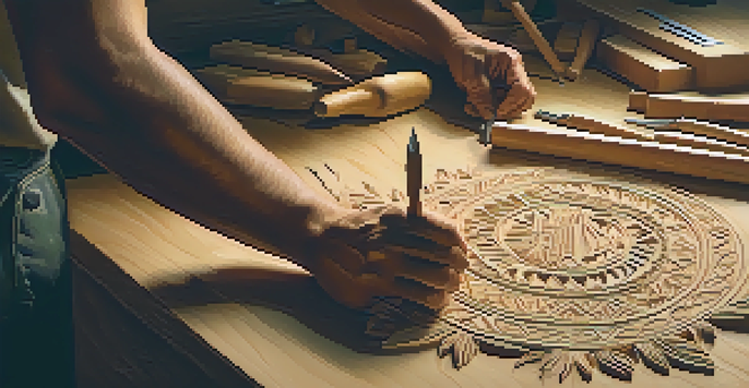 A close-up of hands carving wood with various tools on a workbench, illuminated by natural light.