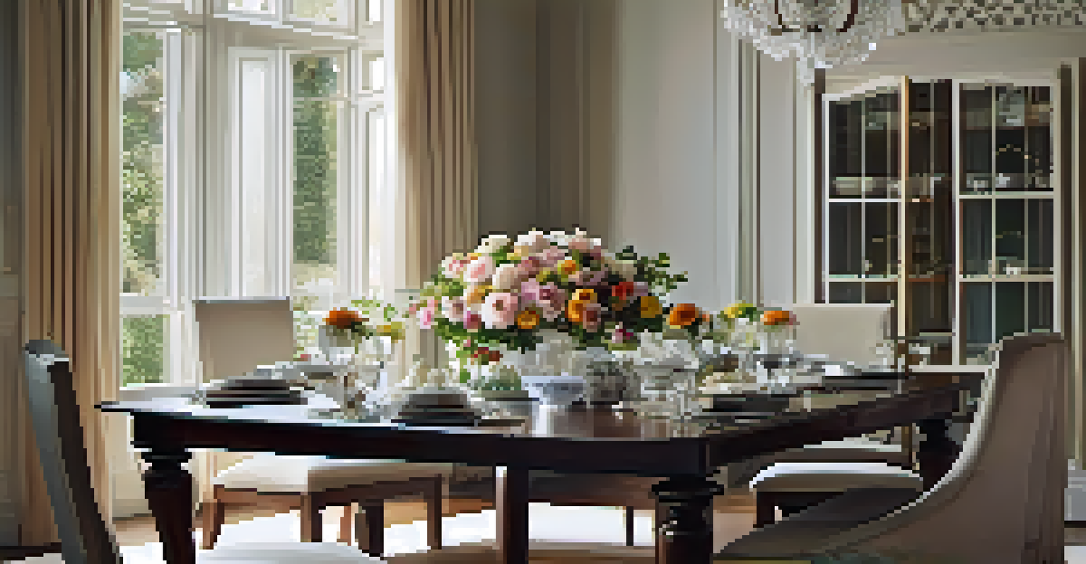 An elegant dining room featuring a hand-carved dining table with fresh flowers and stylish tableware, illuminated by soft ambient light.
