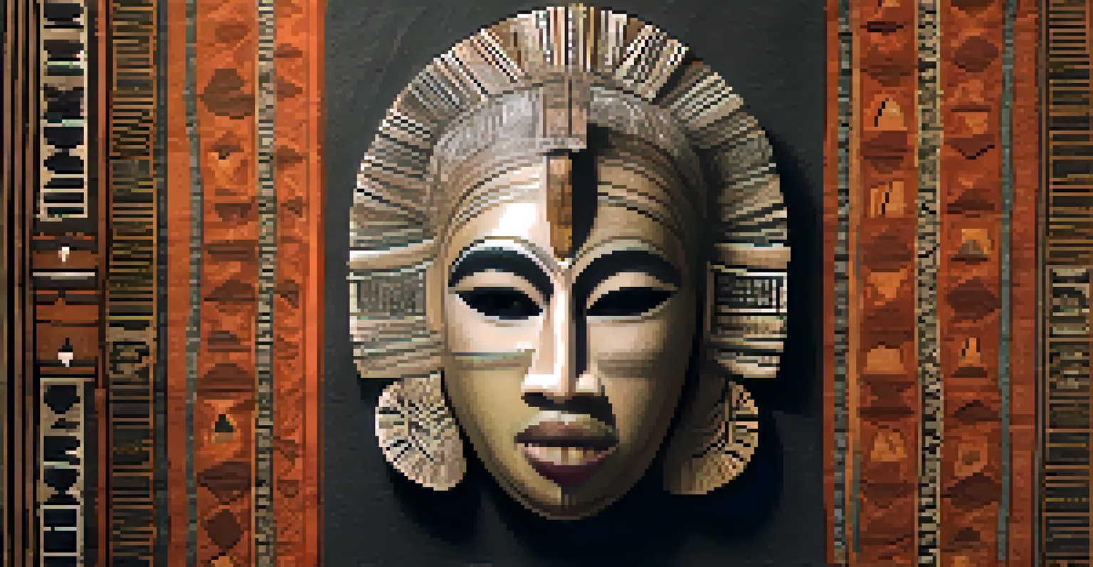 A carved African tribal mask placed against textured fabric, illuminated softly to showcase its details.