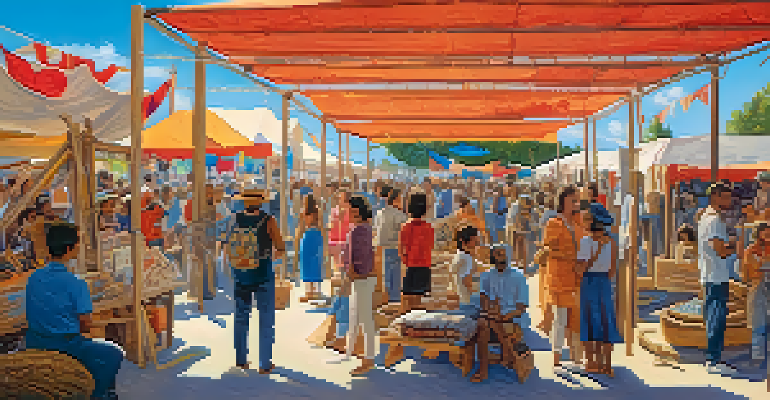 An outdoor exhibition displaying carved artworks from community workshops, with people admiring the art and engaging in conversations under a clear sky.