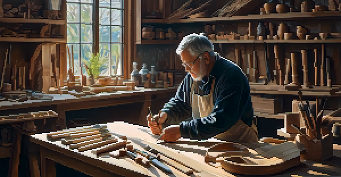A focused artisan carving a wooden sculpture in a bright workshop filled with tools and wood shavings.