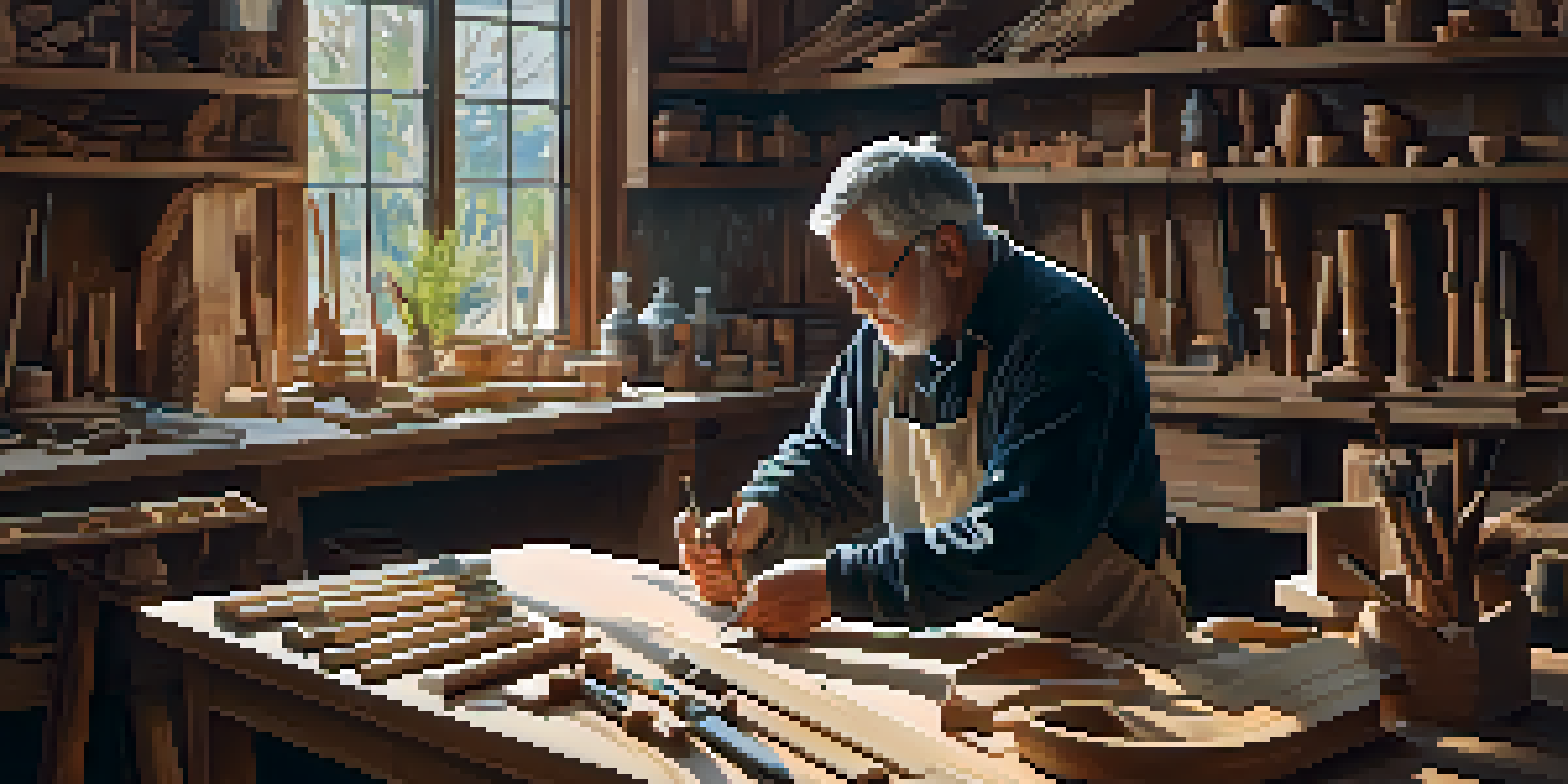 A focused artisan carving a wooden sculpture in a bright workshop filled with tools and wood shavings.