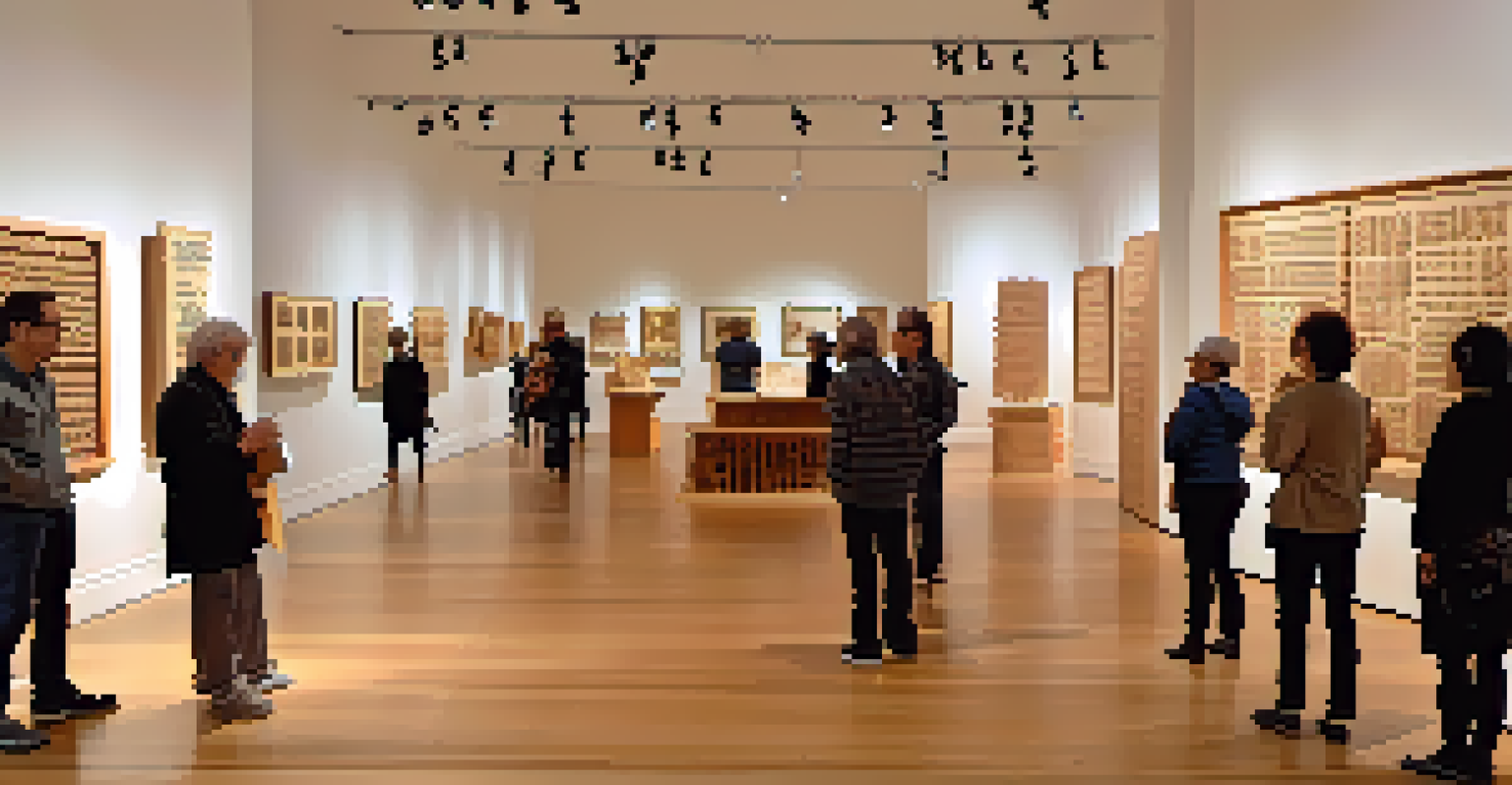 A community art exhibition with visitors admiring wooden carvings, showcasing diverse styles and cultural influences in a warmly lit gallery.