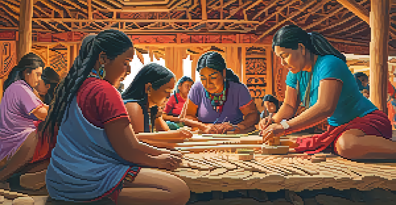 Indigenous women of various ages engaged in a collaborative carving workshop, surrounded by colorful carvings and sharing techniques.