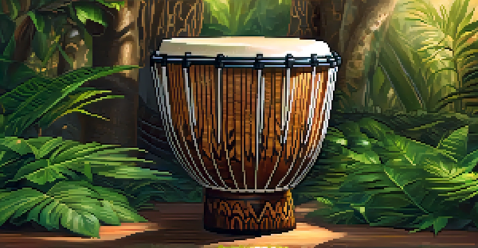 A carved African djembe drum with intricate patterns, set in a natural environment with sunlight filtering through trees.