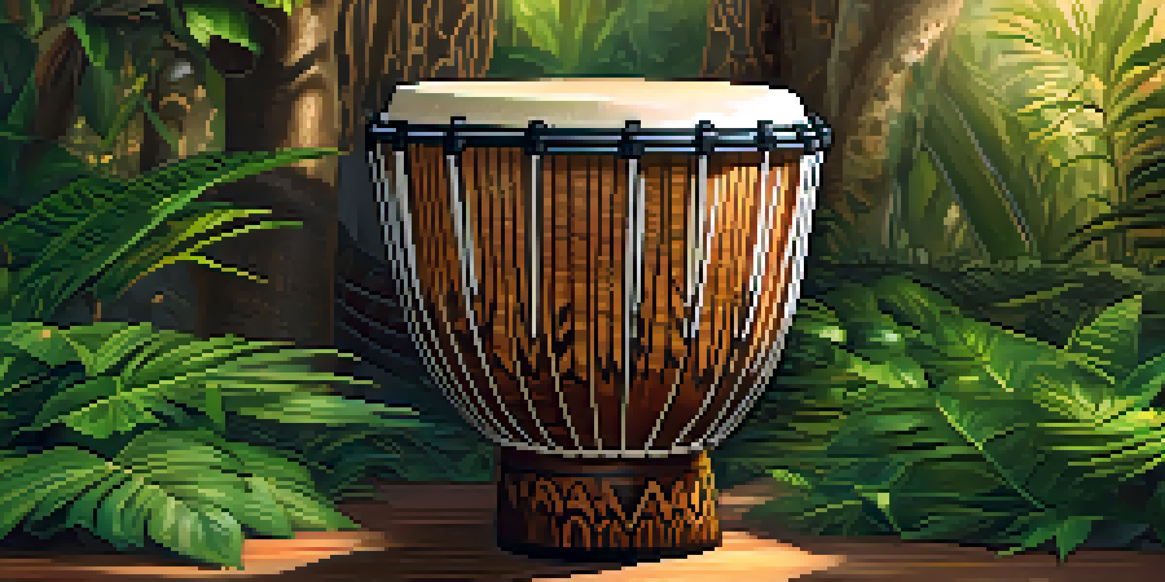 A carved African djembe drum with intricate patterns, set in a natural environment with sunlight filtering through trees.