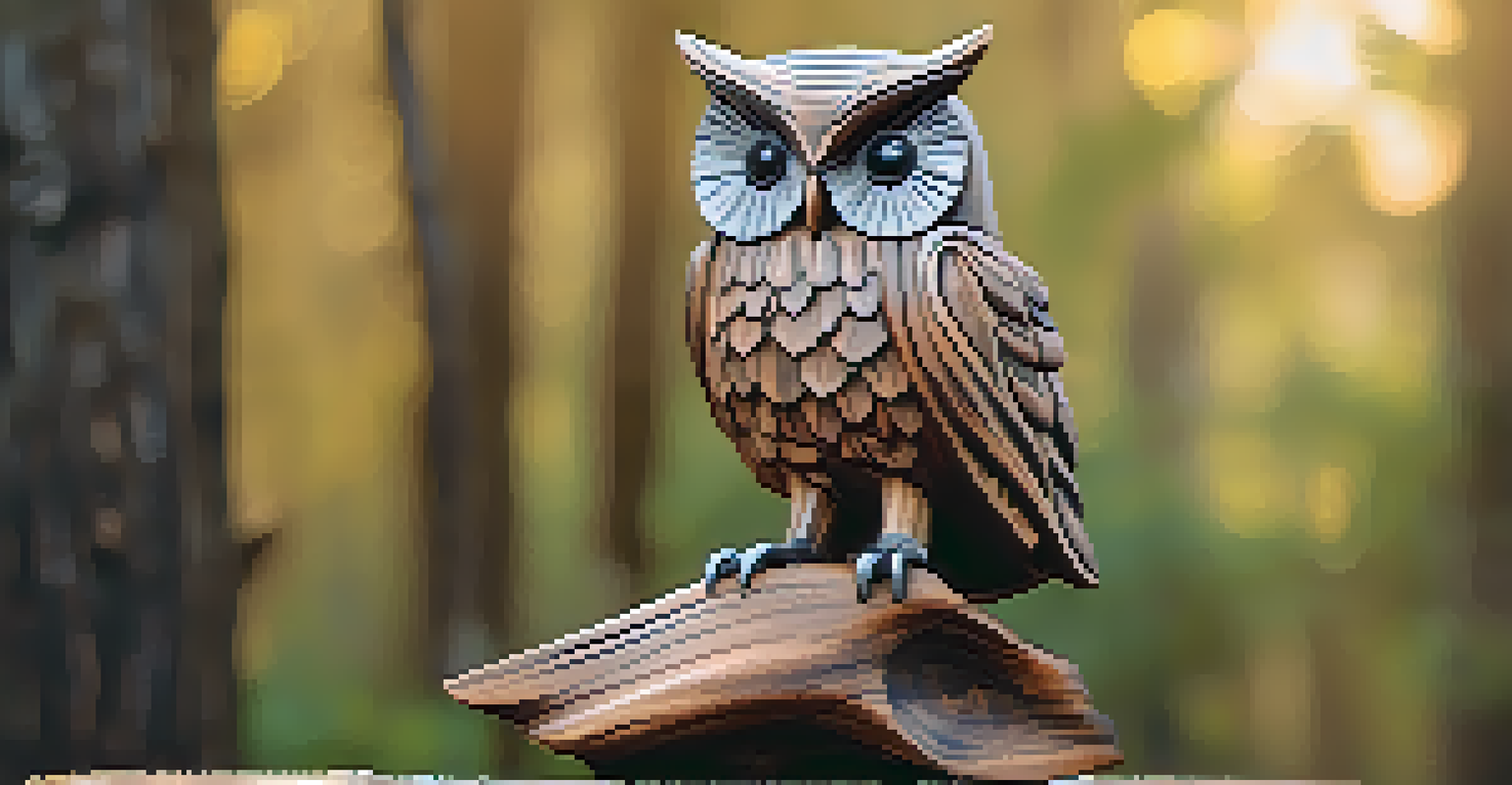 A polished wooden owl sculpture on a stump, showcasing detailed feathers and bright eyes, with a blurred forest background.