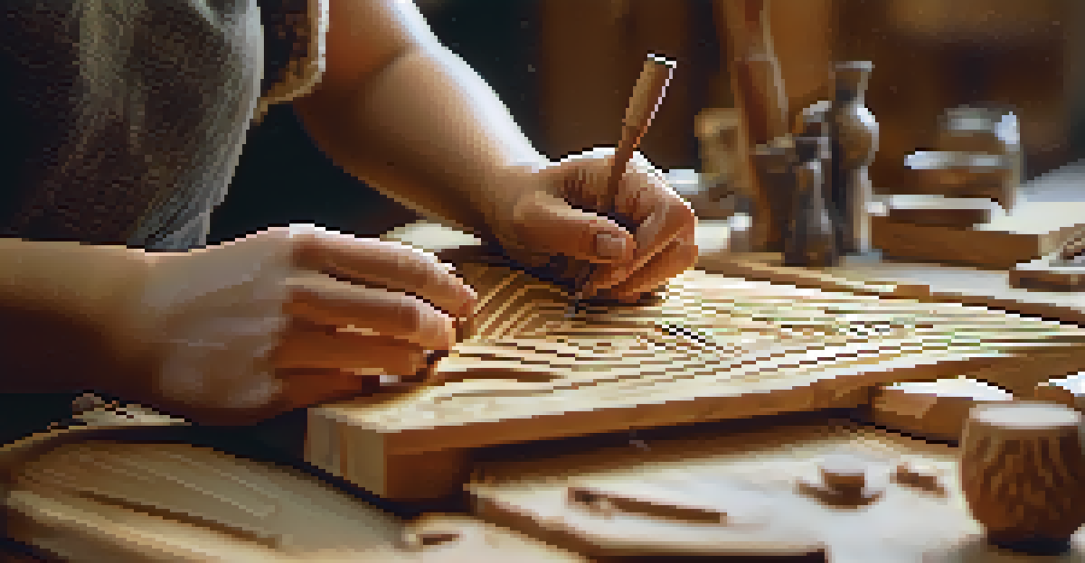 A female artisan closely carving a wooden figure, with a focus on her hands and the intricate details of the wood.