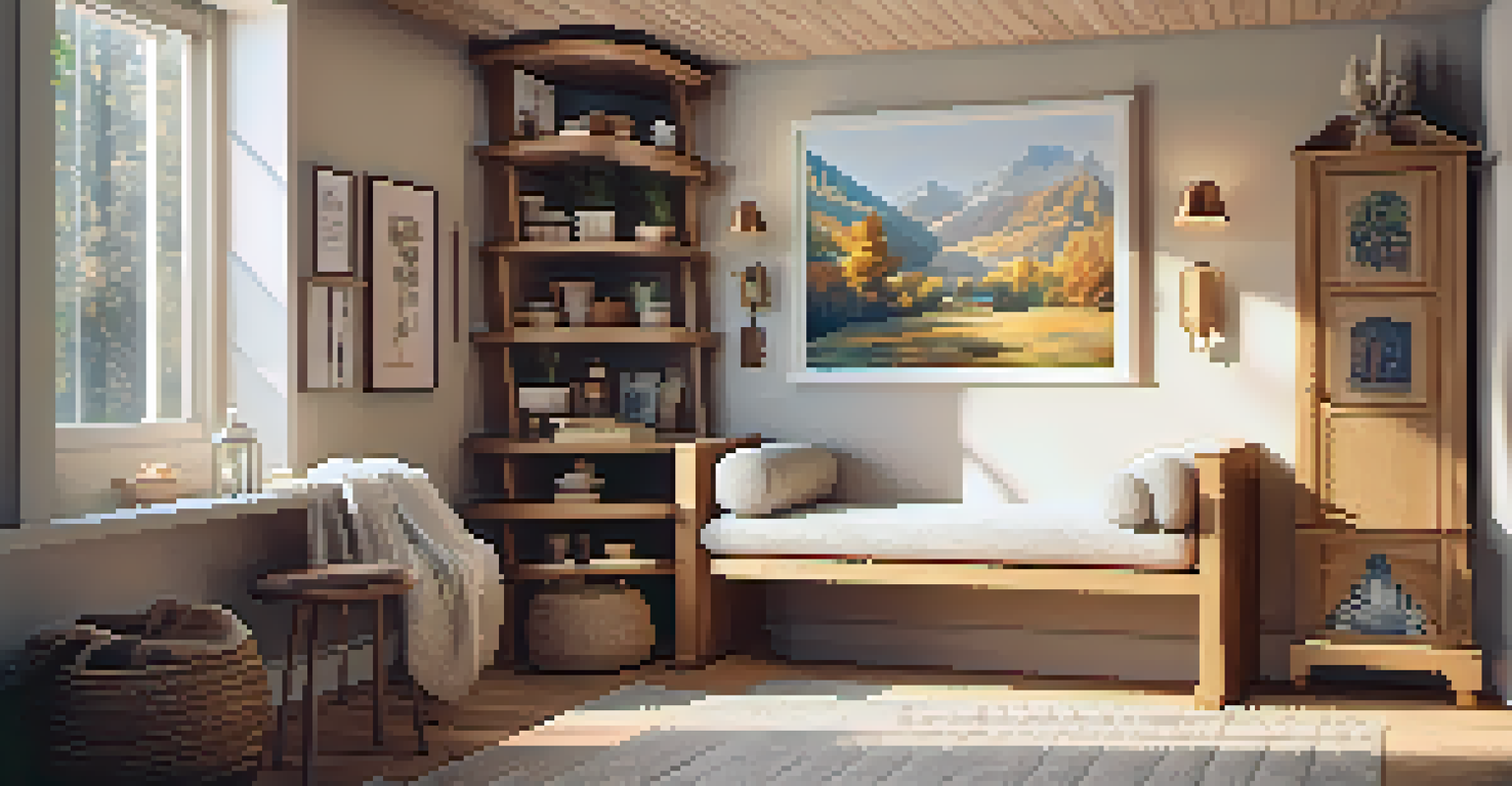A cozy and organized carving space with a chair, carving bench, and artwork, illuminated by soft warm light.