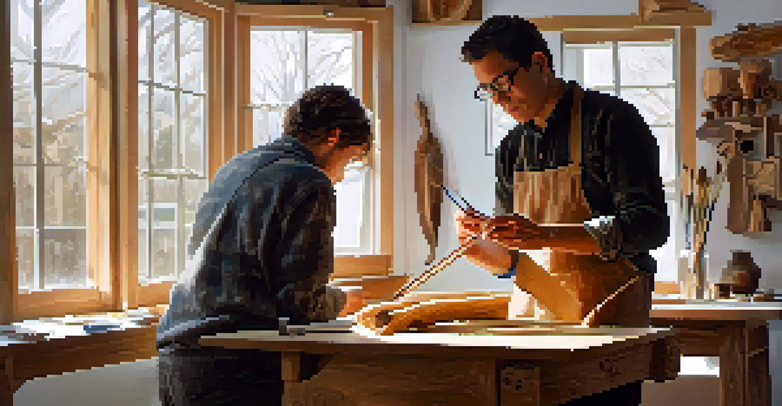 A mentor teaching a beginner carver in a well-equipped studio filled with tools and wood.
