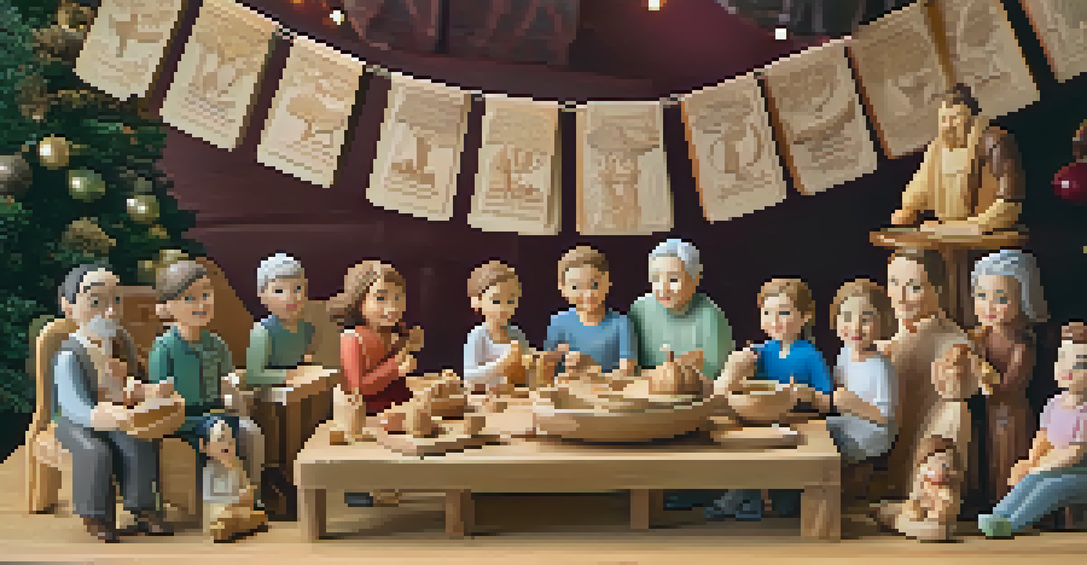 A family proudly showcasing their completed carving projects on a table, surrounded by smiling members and festive decorations.