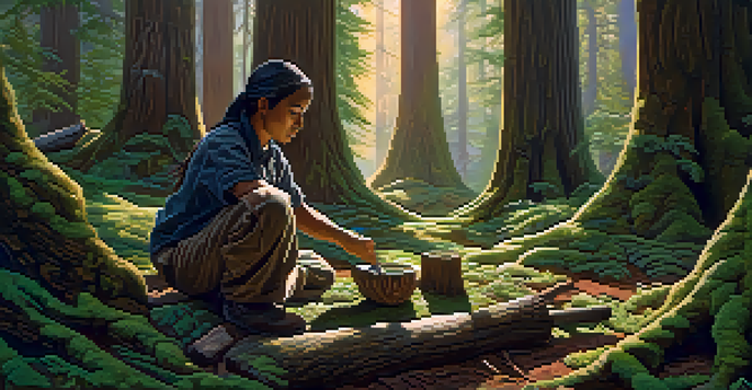 A carver working on intricate wooden carvings in a lush forest filled with cedar trees, with sunlight filtering through the leaves.