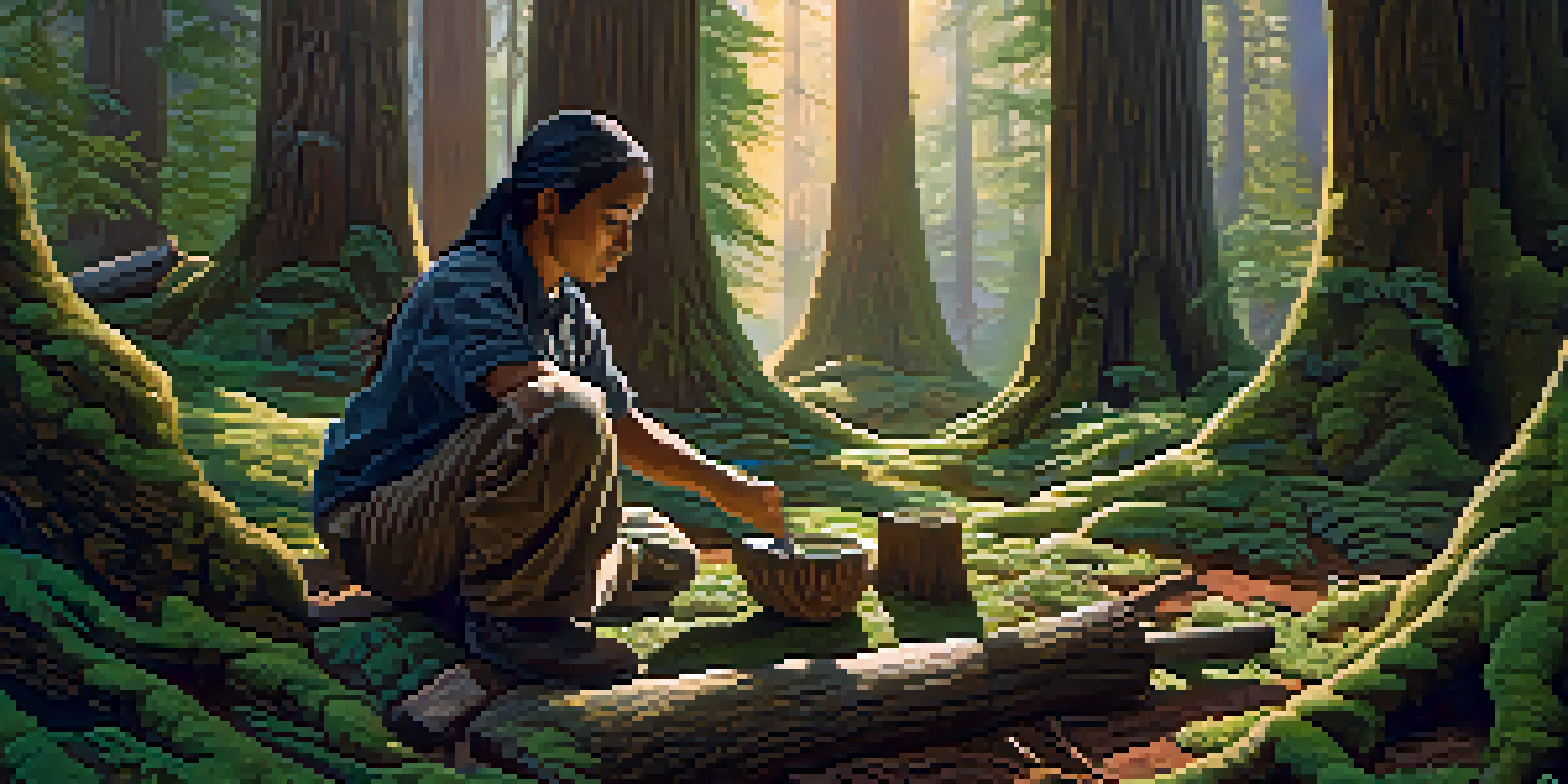 A carver working on intricate wooden carvings in a lush forest filled with cedar trees, with sunlight filtering through the leaves.