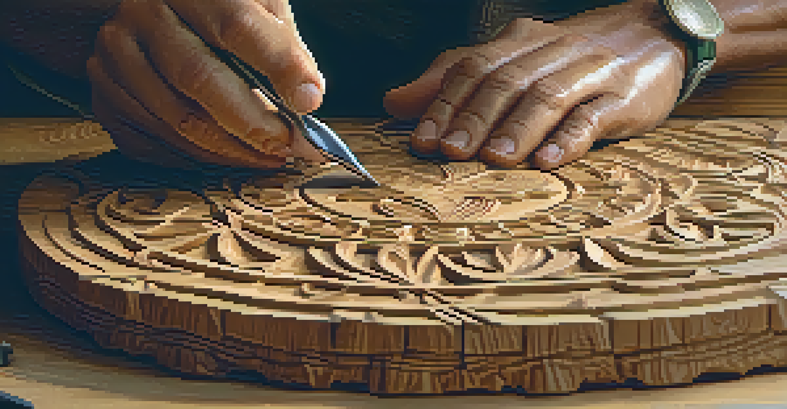 An artisan's hands carving designs into oak wood, showcasing tools and wood shavings.