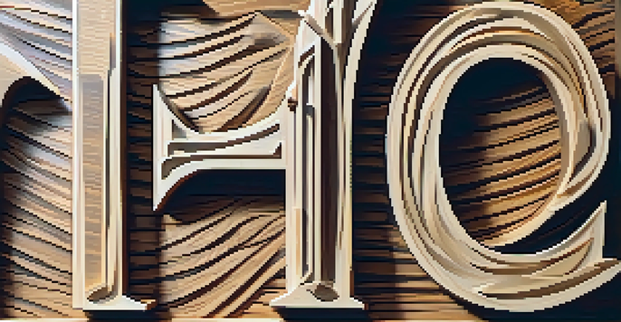 Close-up view of wooden letters with intricate carvings, showing textures and shadows from sunlight.