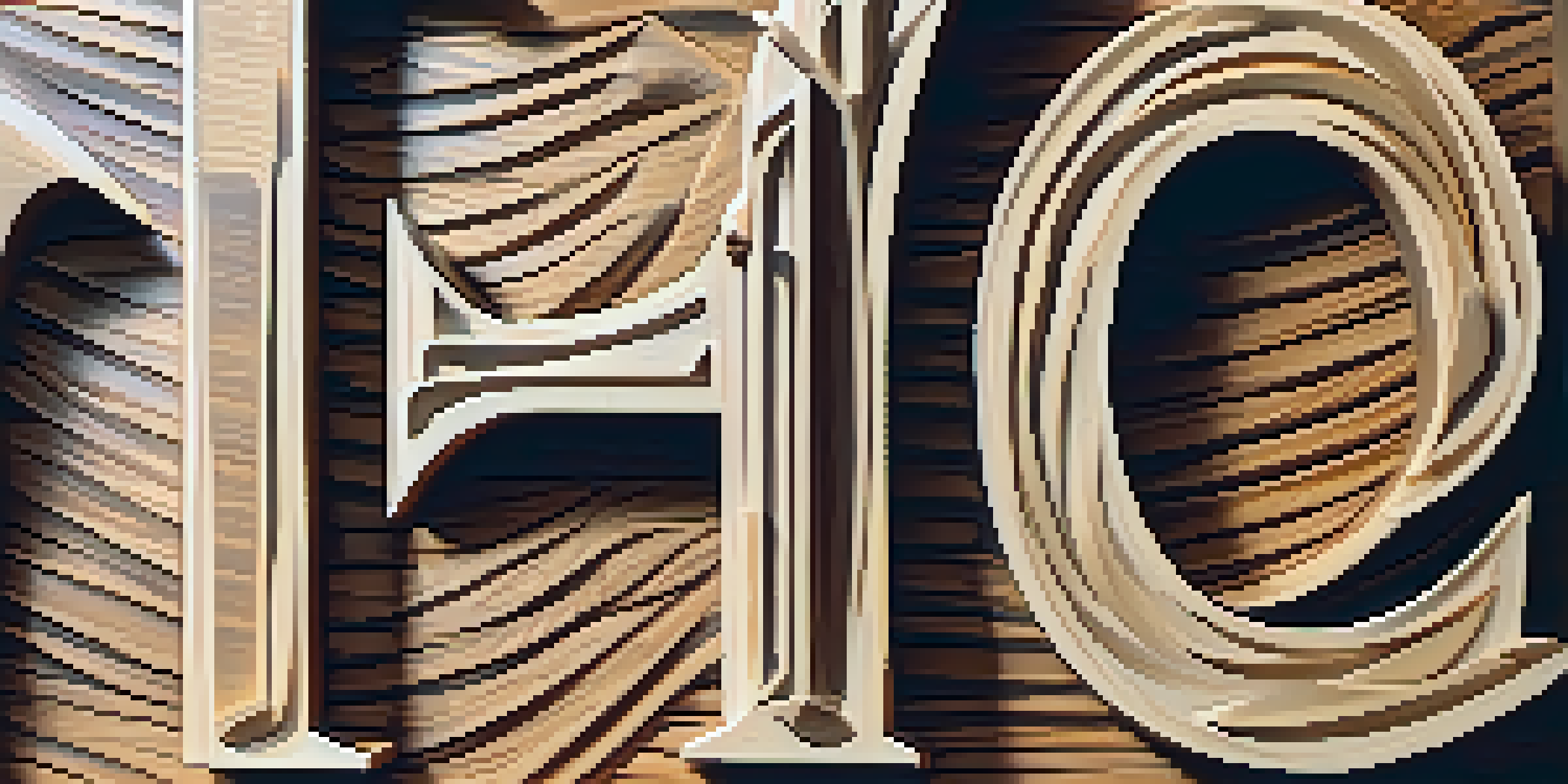 Close-up view of wooden letters with intricate carvings, showing textures and shadows from sunlight.