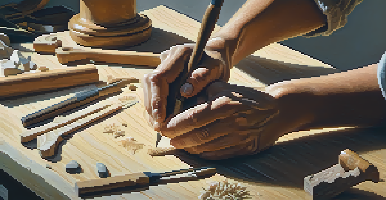 A close-up of a sculptor's hands carving wood, with tools and shavings visible in the background.