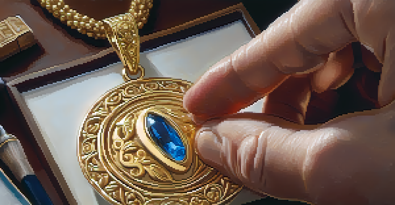 An artisan setting a gemstone into a gold pendant, highlighting their focused expression and intricate tools.
