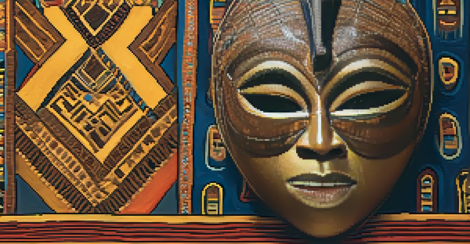 An intricately designed African ceremonial mask against colorful fabrics.
