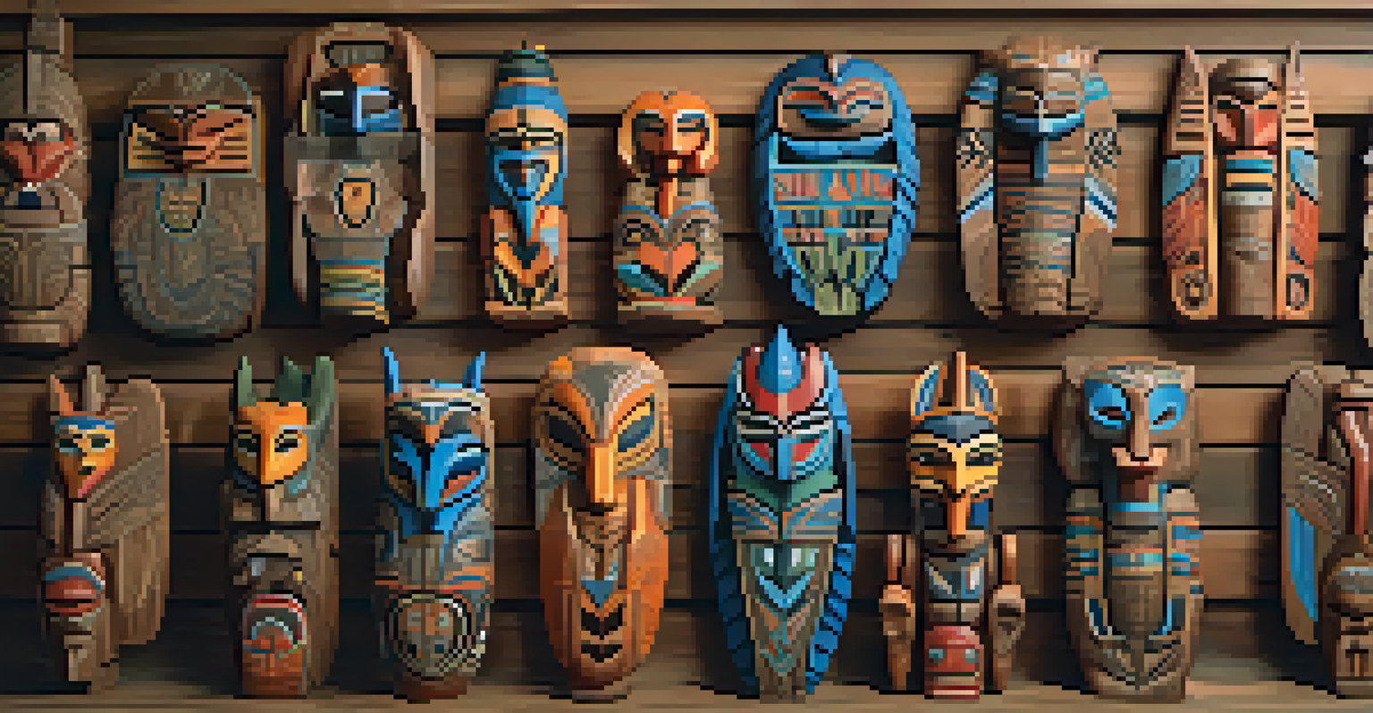 A collection of Indigenous wood carvings on a wooden table, featuring totem poles and masks with intricate designs and vibrant colors.