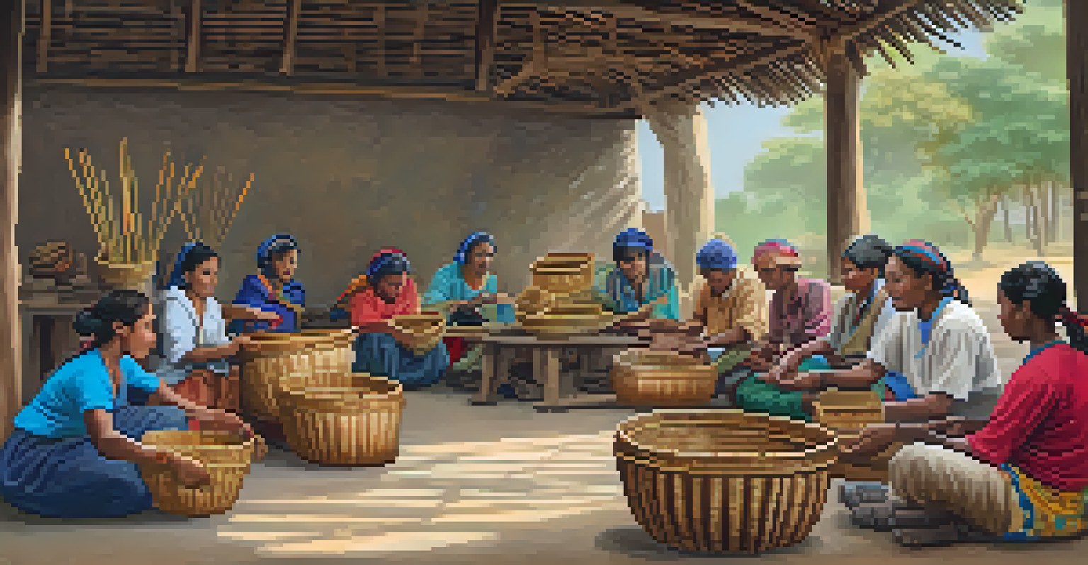 A traditional basket weaver teaching a workshop, surrounded by colorful baskets and engaged participants learning the craft in a cozy environment.