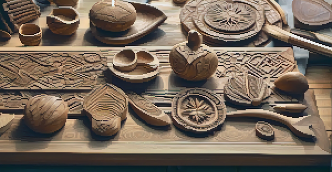 A traditional Indigenous carving workshop with artisans working on wood carvings, surrounded by tools and materials, illuminated by natural light.