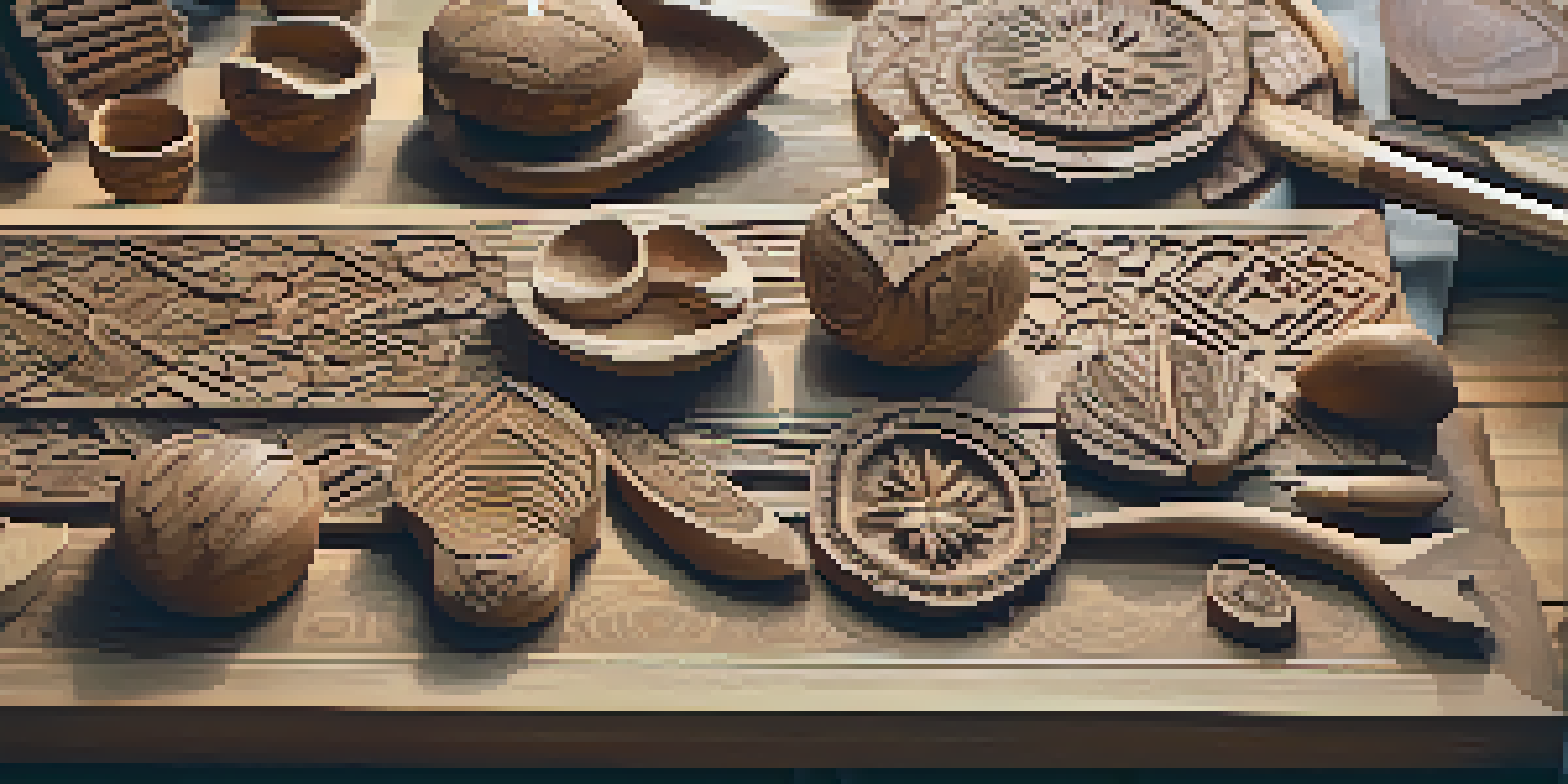 A traditional Indigenous carving workshop with artisans working on wood carvings, surrounded by tools and materials, illuminated by natural light.