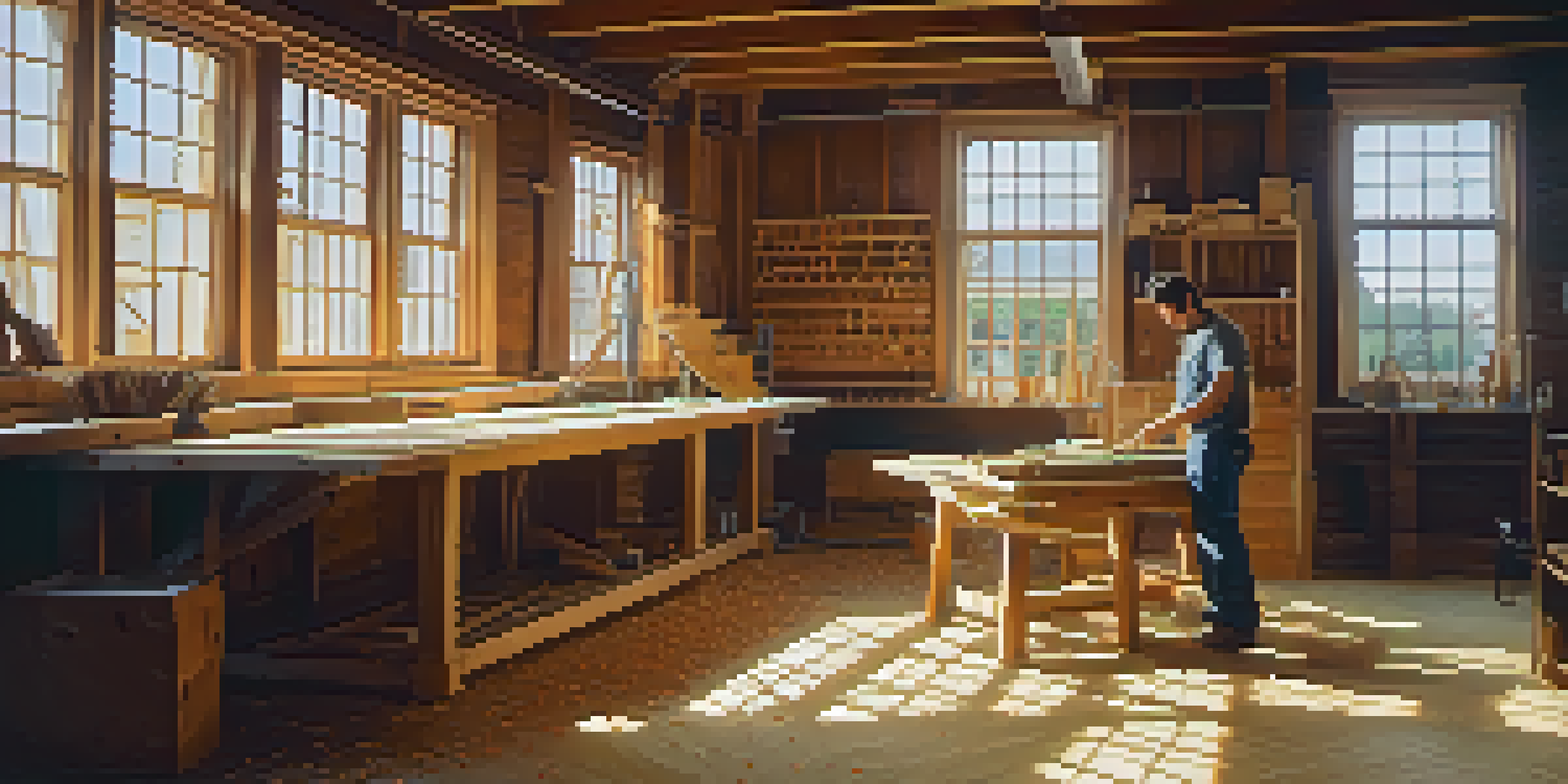 A woodworker operates a CNC machine in a bright workshop, carving floral patterns into wood with sunlight filtering through windows.