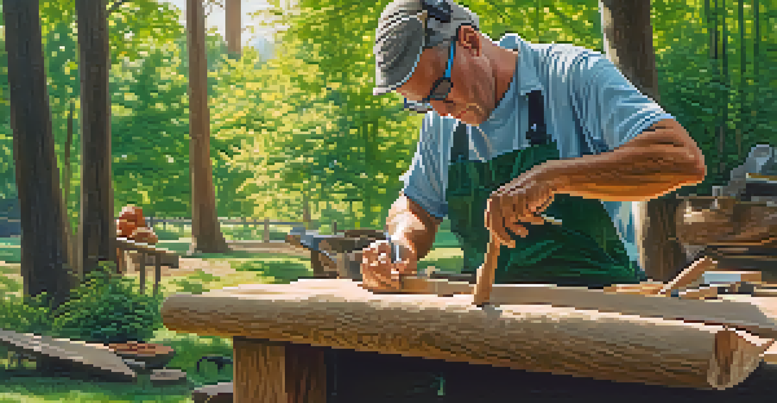 An outdoor scene of a carver wearing safety glasses and earmuffs, surrounded by greenery and sunlight while focusing on their carving.