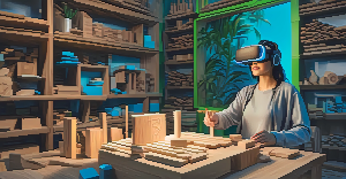 An artist in a virtual reality workshop wearing a headset, with digital tools and wood blocks around them in a colorful setting.