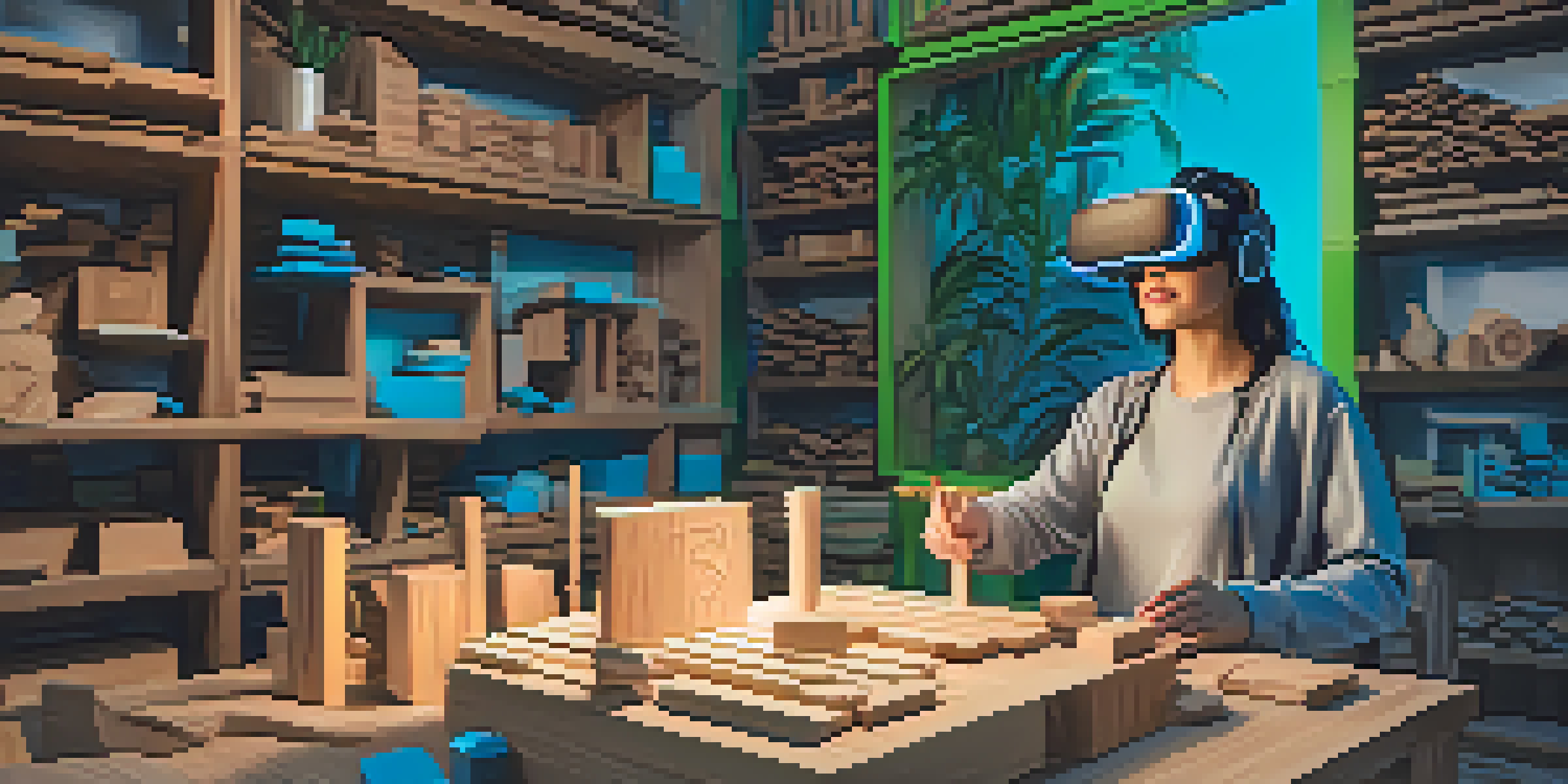 An artist in a virtual reality workshop wearing a headset, with digital tools and wood blocks around them in a colorful setting.