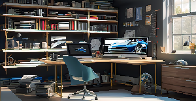 A designer's workspace with a computer showing a 3D car model, surrounded by sketches and tools, illuminated by natural light.