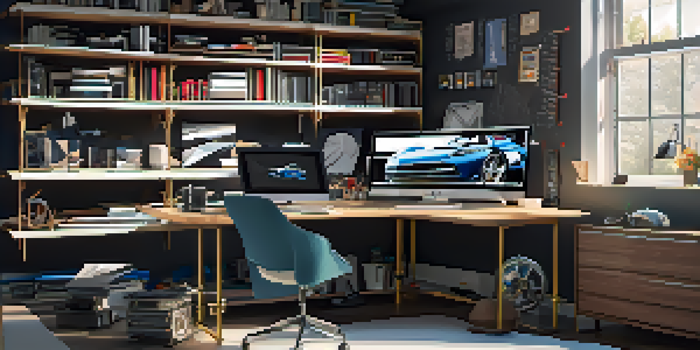 A designer's workspace with a computer showing a 3D car model, surrounded by sketches and tools, illuminated by natural light.