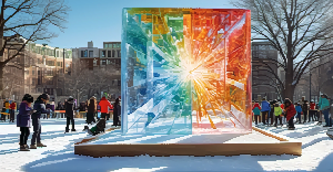 A lively scene of people carving a large block of ice in a public park, with sunlight creating a sparkling effect and trees in the background.