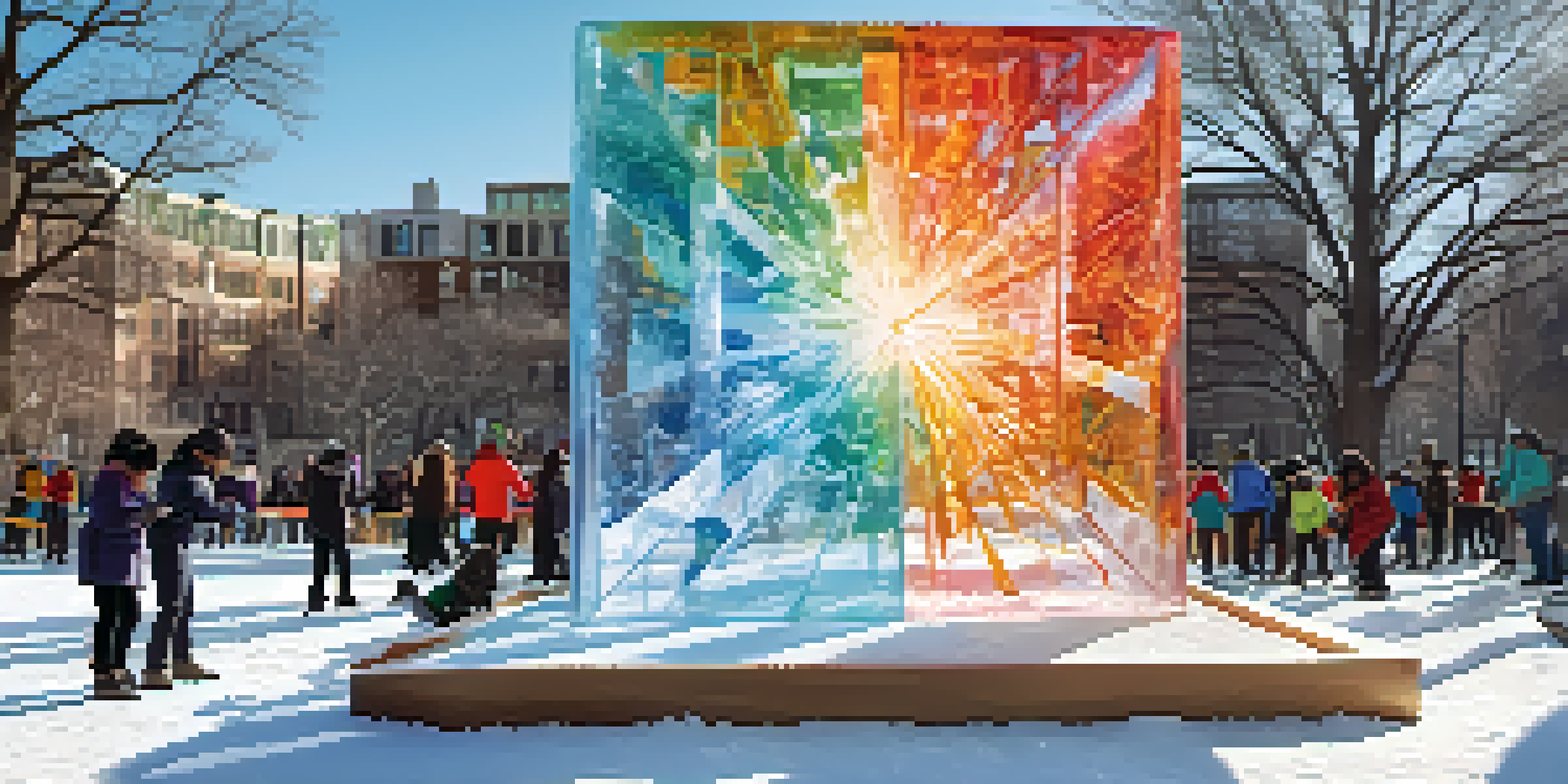 A lively scene of people carving a large block of ice in a public park, with sunlight creating a sparkling effect and trees in the background.