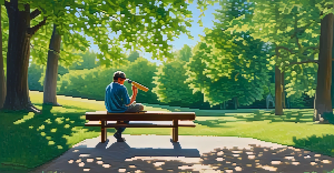A person sitting on a bench in a park, carving wood with a knife, surrounded by trees and flowers.