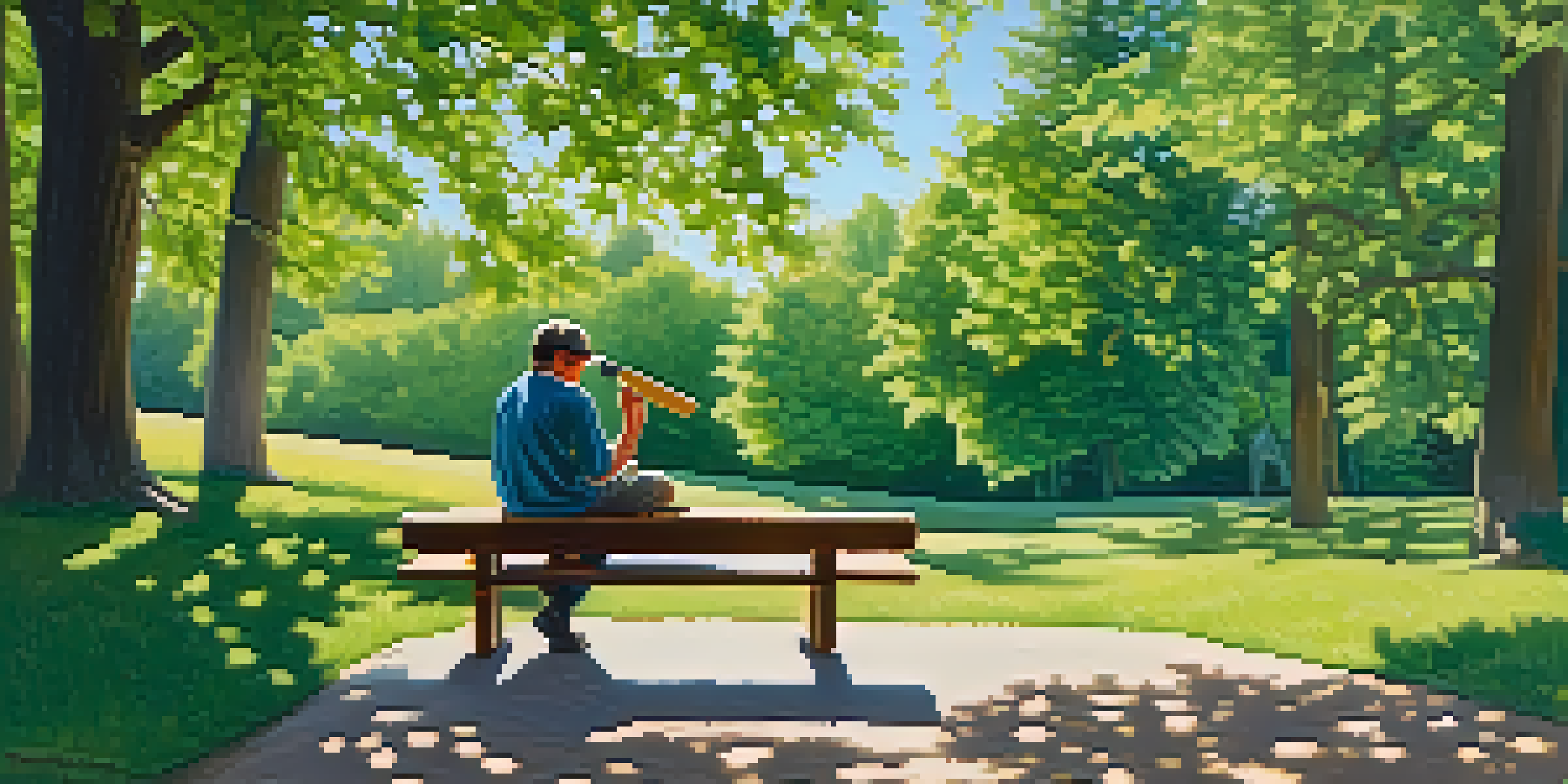 A person sitting on a bench in a park, carving wood with a knife, surrounded by trees and flowers.