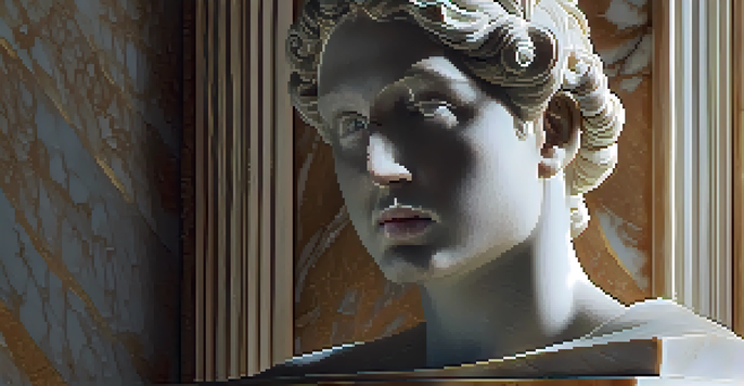A detailed close-up of a marble sculpture from the Renaissance period, showcasing the human form with dramatic lighting and soft shadows.