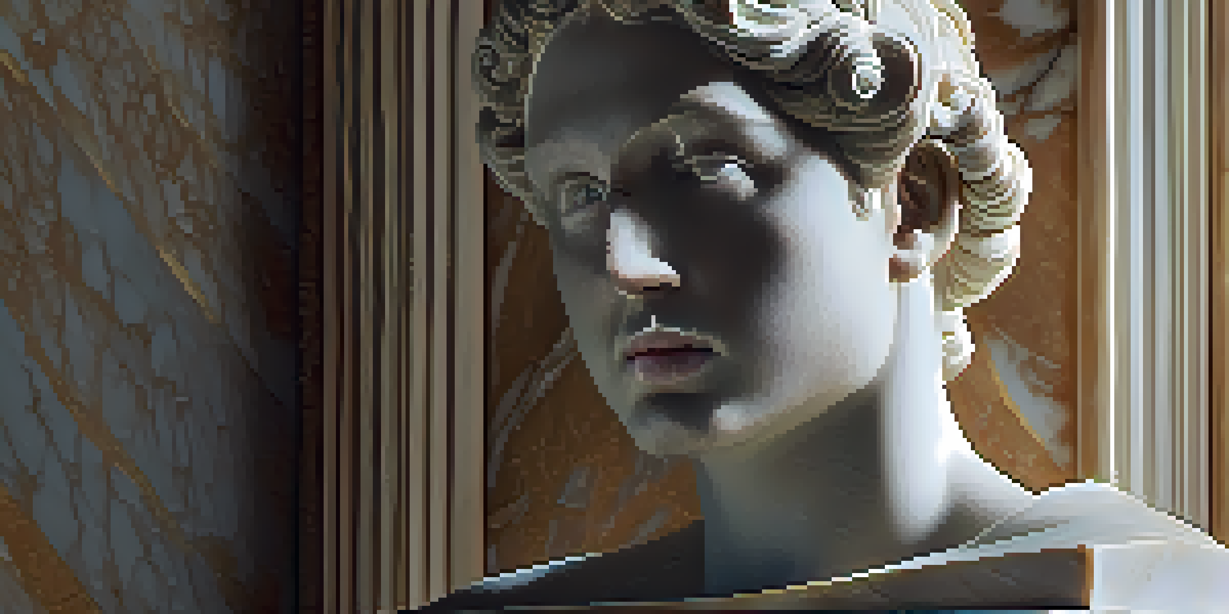 A detailed close-up of a marble sculpture from the Renaissance period, showcasing the human form with dramatic lighting and soft shadows.