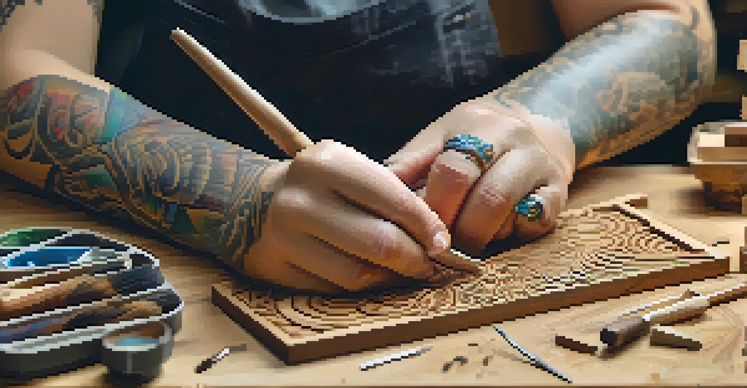 Close-up of a woman's hands carving intricate designs into wood with a chisel, surrounded by wood shavings and blurred tools in the background.