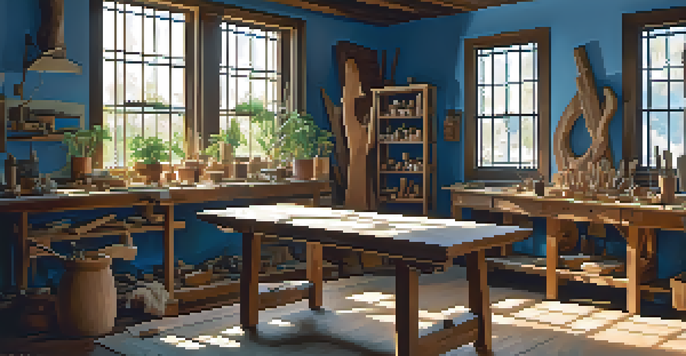 An artisan in a bright workshop carving a wooden sculpture, surrounded by tools and wood shavings.