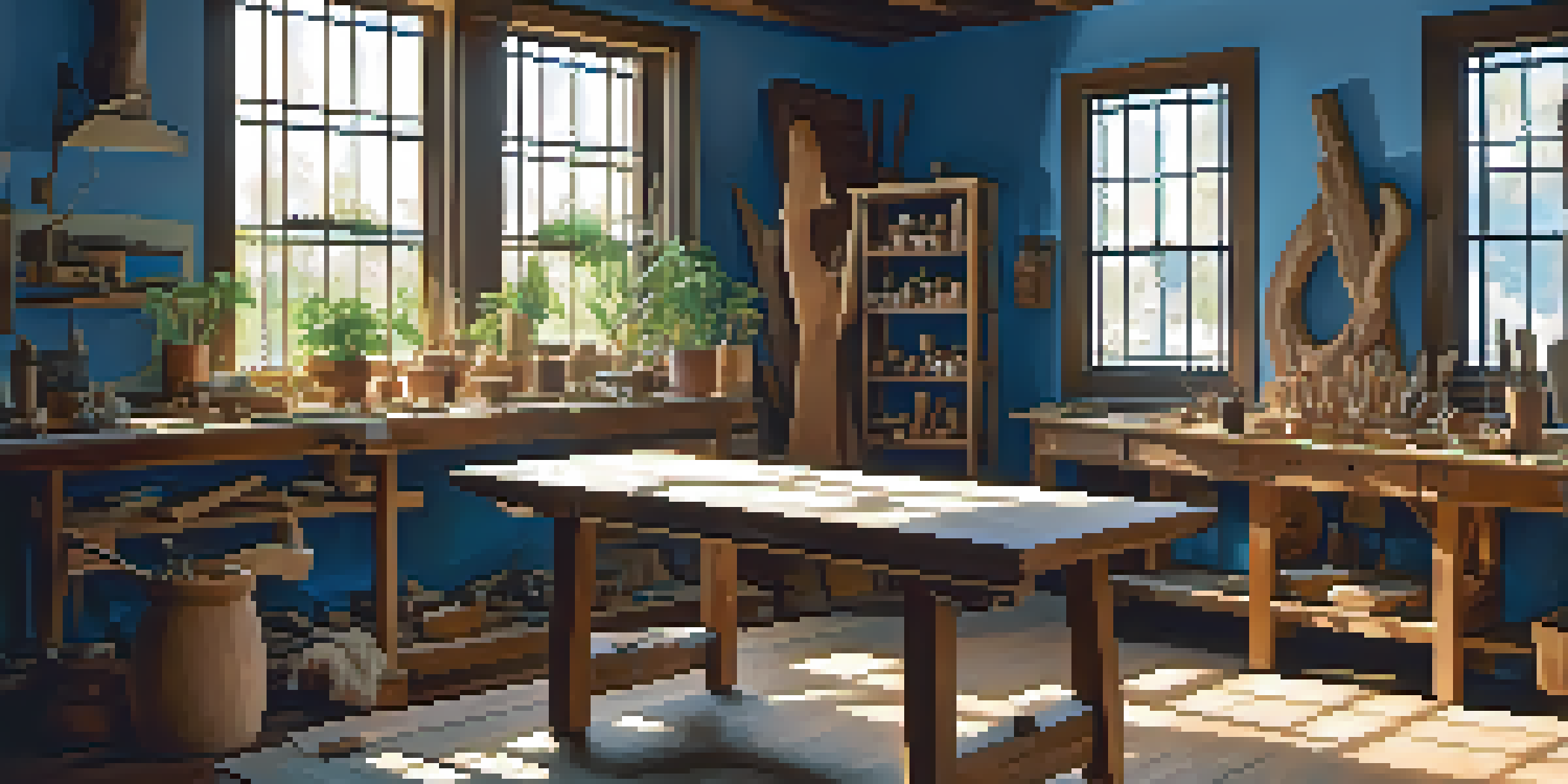 An artisan in a bright workshop carving a wooden sculpture, surrounded by tools and wood shavings.