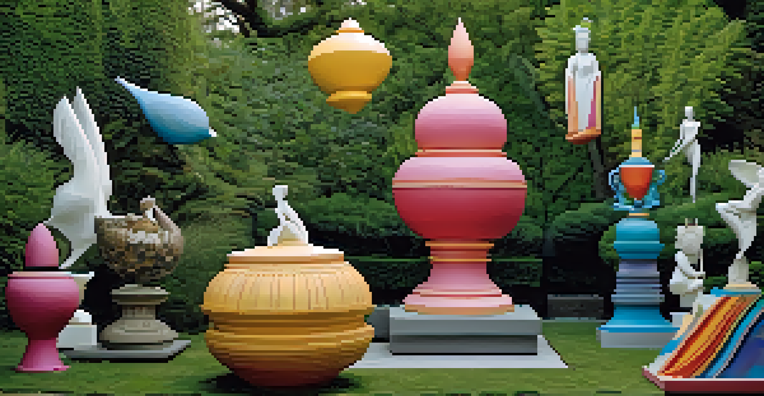 A collection of modern sculptures in a garden, blending traditional religious motifs with abstract designs.