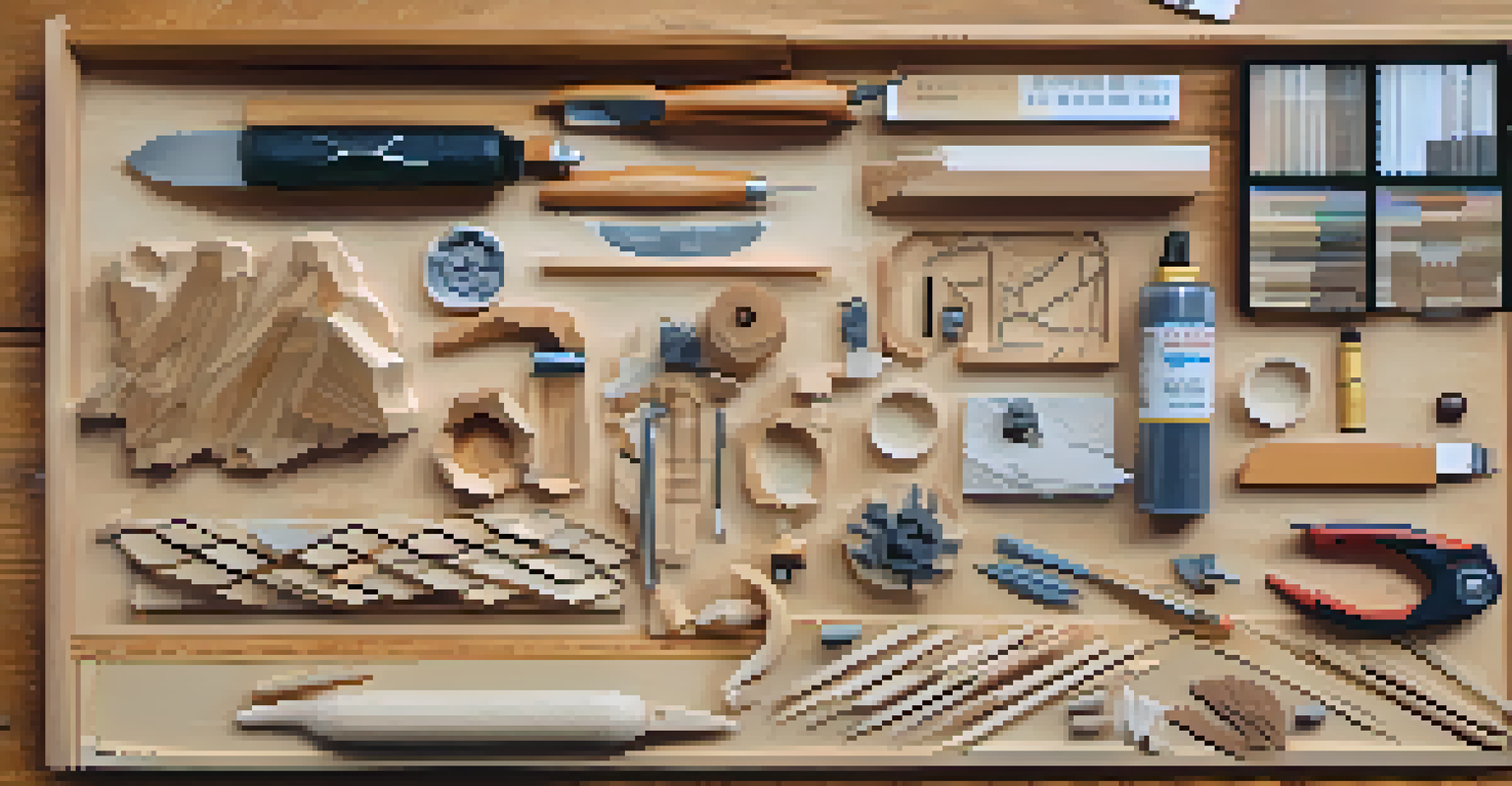 An organized relief carving workspace with various tools, sketches, and a partially completed carving on a wooden table.