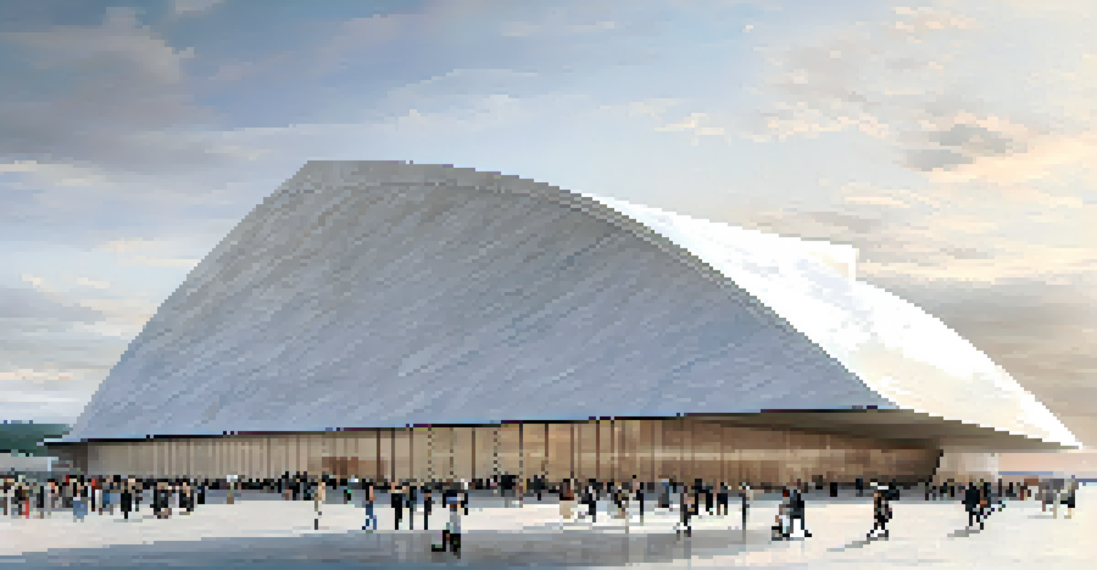 The Oslo Opera House with a sloping marble roof, blending into the fjord landscape, and visitors walking on its surface.